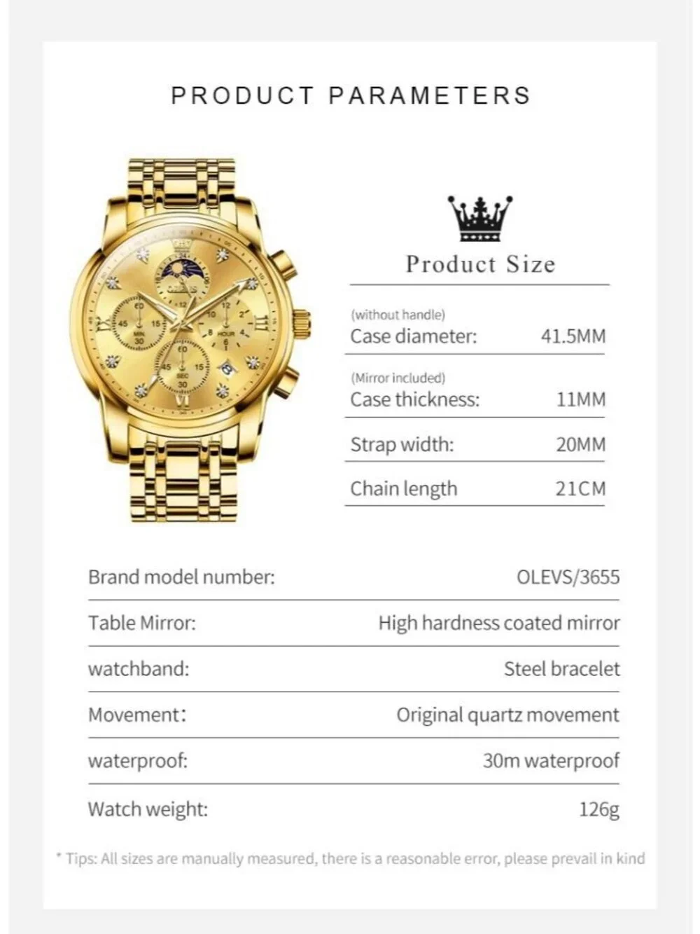 Men Silver Gold Diamond Analog Quartz Stainles Waterproof Luminous Classic Watch